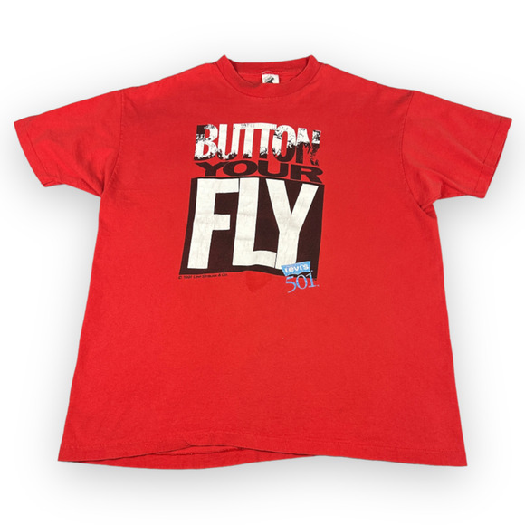 Vintage Levis Shirt Adult LARGE Red 90s Button Your Fly 501 Jeans Graphic Brand - Picture 1 of 6